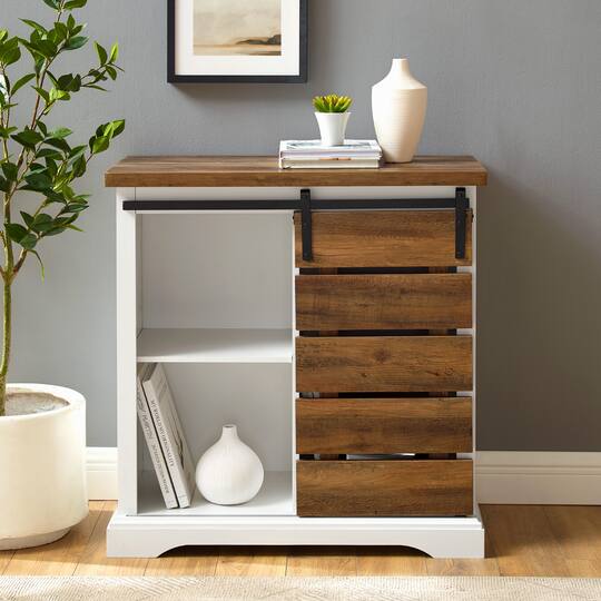 Walker Edison 32" Solid White & Reclaimed Wood Two-Tone Sliding Slat Door Accent Cabinet